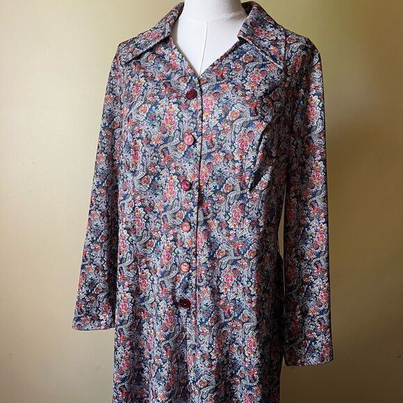 Vintage 70s Long Sleeve Shirt Dress Button Front Tie Waist Size XL‎ Blue Paisley - Picture 7 of 9